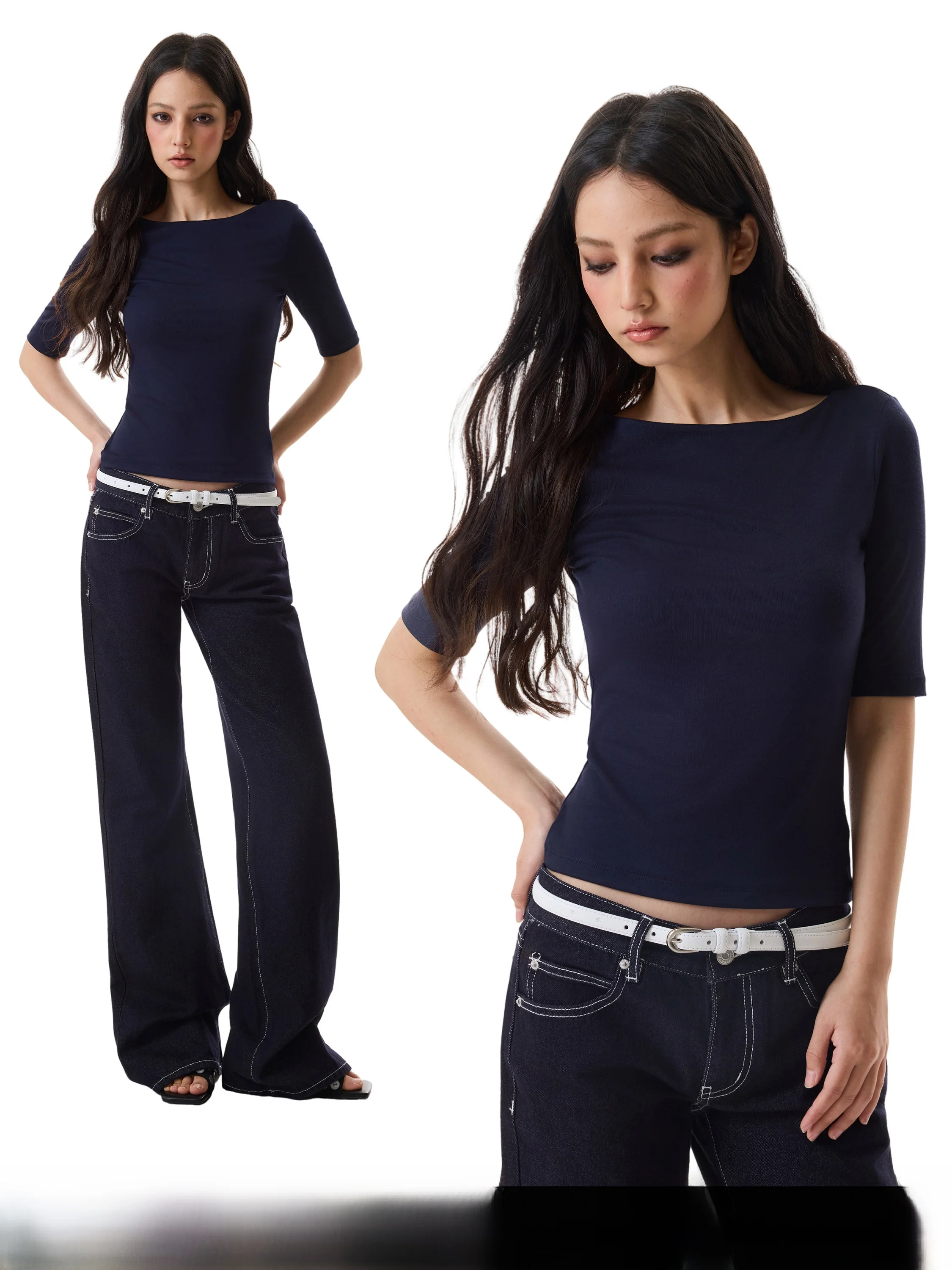 

GOGOBURN Dark Blue Versatile Shoulder Five-Quarter Sleeve Women's T-Shirt Slim Fit One-Shoulder V-Neck Casual Style Summer Top