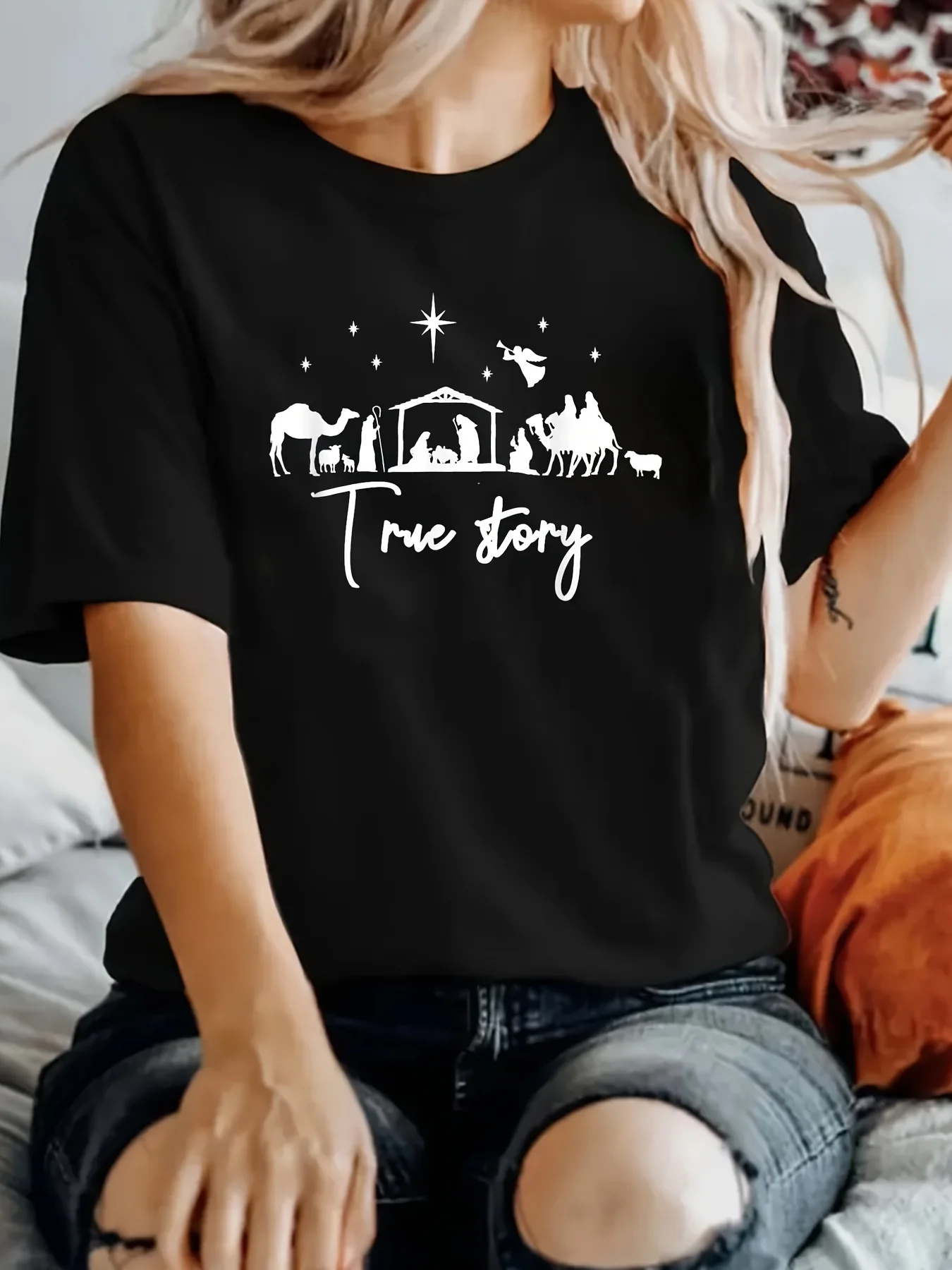 True Story Nativity Christmas Jesus Manger Catholic Women T-shirt Short Sleeve Tees Women New Style Women's T shirt Tee Tops