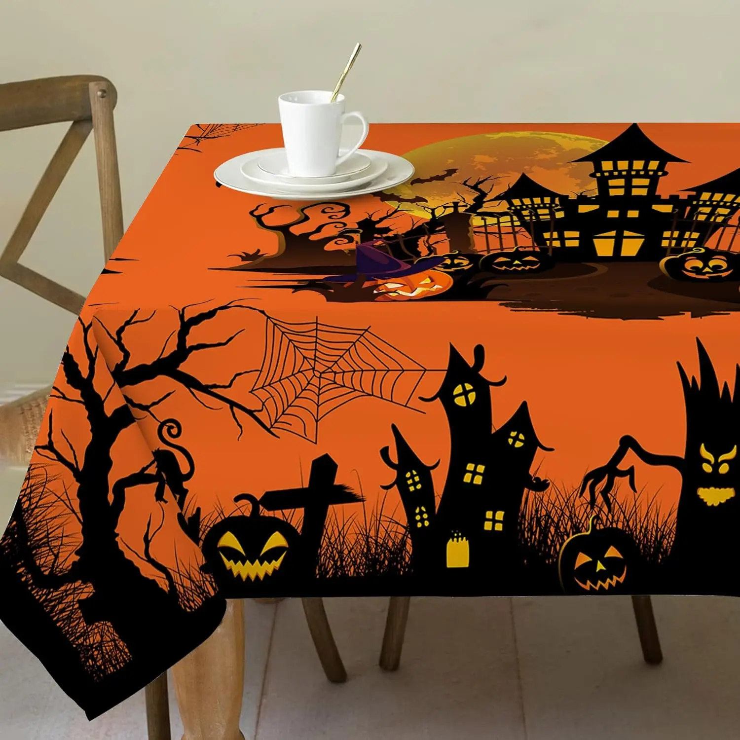 Halloween Pumpkin Castle Rectangle Tablecloth Holiday Party Decor Reusable Orange Waterproof Tablecloth Halloween Decorations