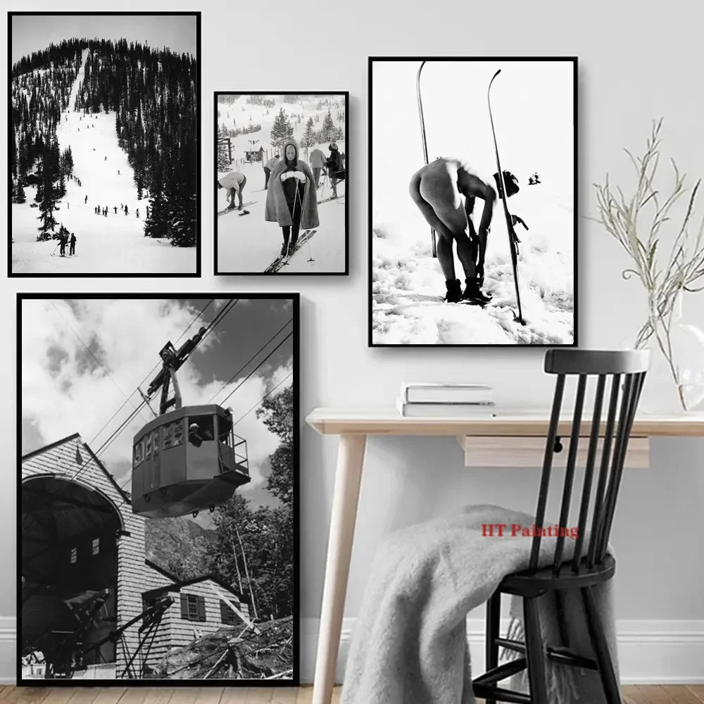 Vintage Ski Photo Skiing Sport Snowboarding Snow Mountain Skier Jumps Girls Poster Canvas Painting Wall Art Pictures Home Decor