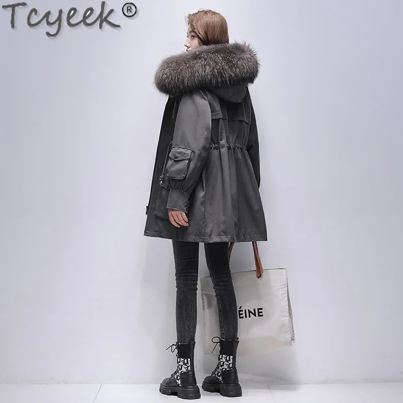 Tcyeek 2023 Winter Women Clothes Mid-long Fur Parka Female Warm Raccoon Fur Collar Elegant Rex Rabbit Fur Liner Detachable Coat