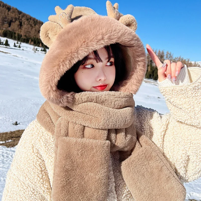 Little Bear Hat Scarf One Piece Adult Women\'s Winter Gloves Three in One Longbao Thickened Cycling Hairy Korean Version