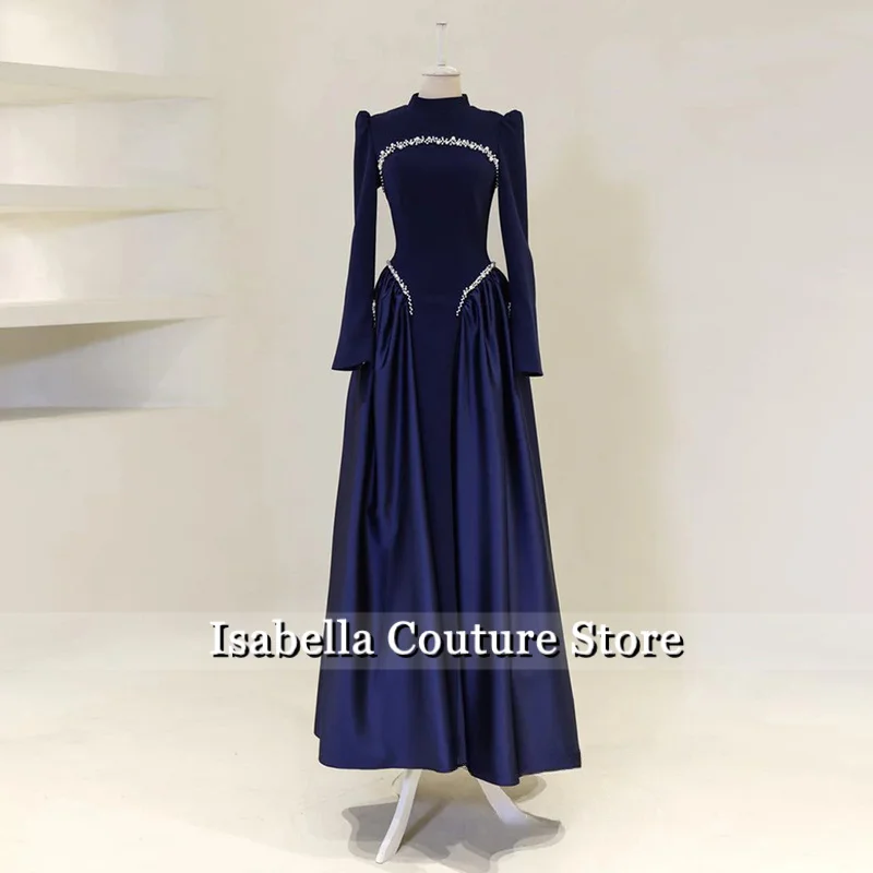 신상 이브닝 드레스 맞춤 제작 하이넥 긴팔 크리스탈 진주 A라인 정장 드레스 아라비아 프롬 가운
