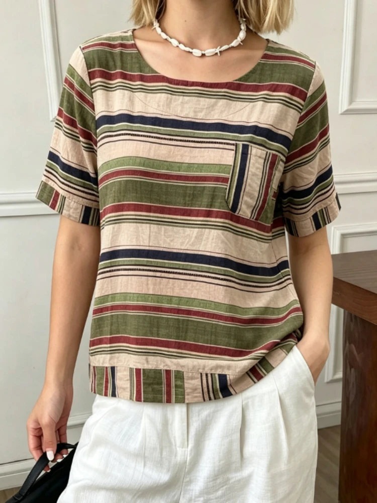 Summer Retro Stripe Women Linen Cotton Short Sleeve Top, Round Neck Loose Fit With Chest Pocket, Multicolor  Striped Blouse