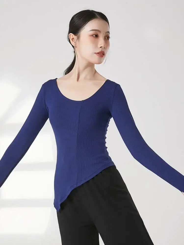 Einfarbiges, langärmliges, modernes Tanzoberteil mit V-Ausschnitt für Damen, dehnbares, schmal geschnittenes, zeitgenössisches Übungskostüm-Jazz-Shirt