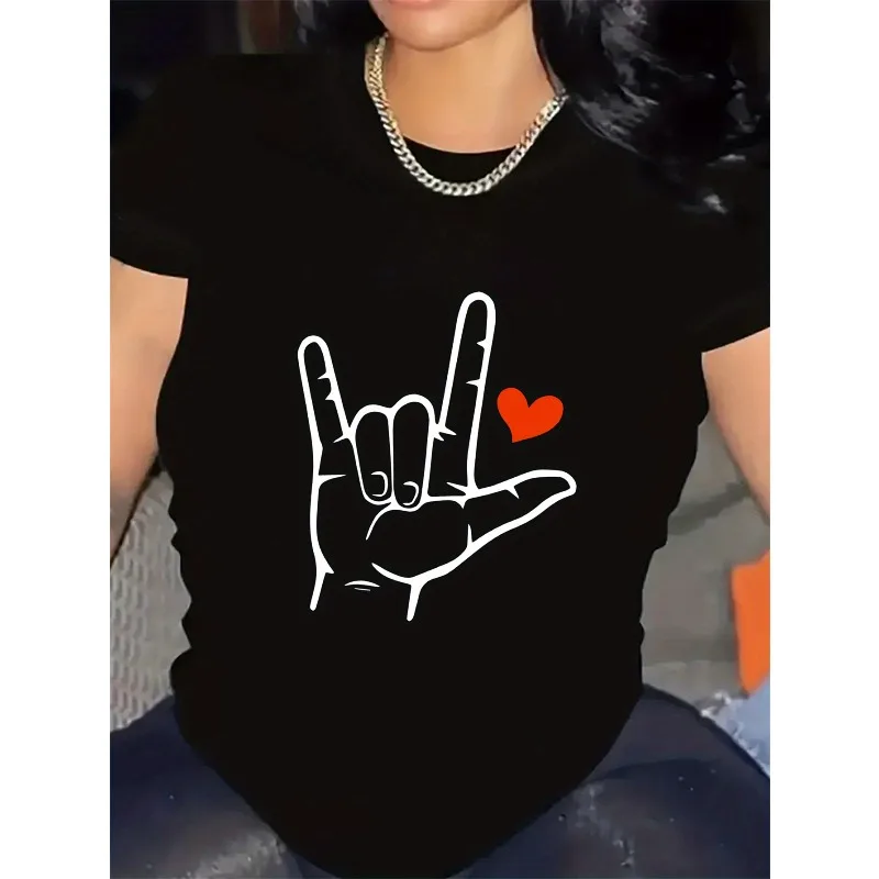 

Ladies' Casual Boat Neck T-shirt with Knitted Fabric and Love Gesture Print Suitable for All Season Comfortable Sports Women Top