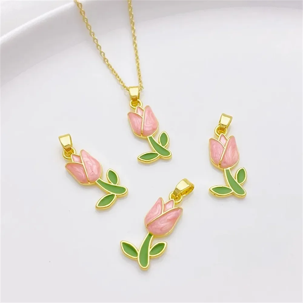 14K Gold-plated Pink Drip Oil Tulip Charm Pendant Handmade Diy Bracelet Necklace Jewelry Material Accessories