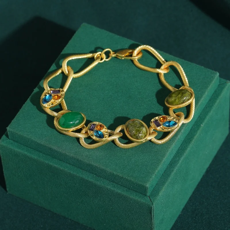

Vintage Glass Oval Green Natural Stone Bracelet For Woman Geometry Colorful Crystal Antique Gold Plated Link Chain Wrist Jewelry