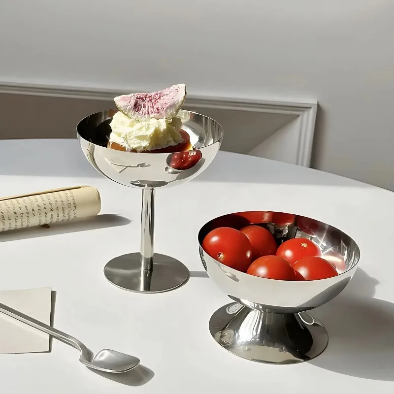 2026 New Stainless Steel Goblet Dessert Salad Bowl with Fork Fruit Plate Wedding Party Tableware Kitchen Accessories