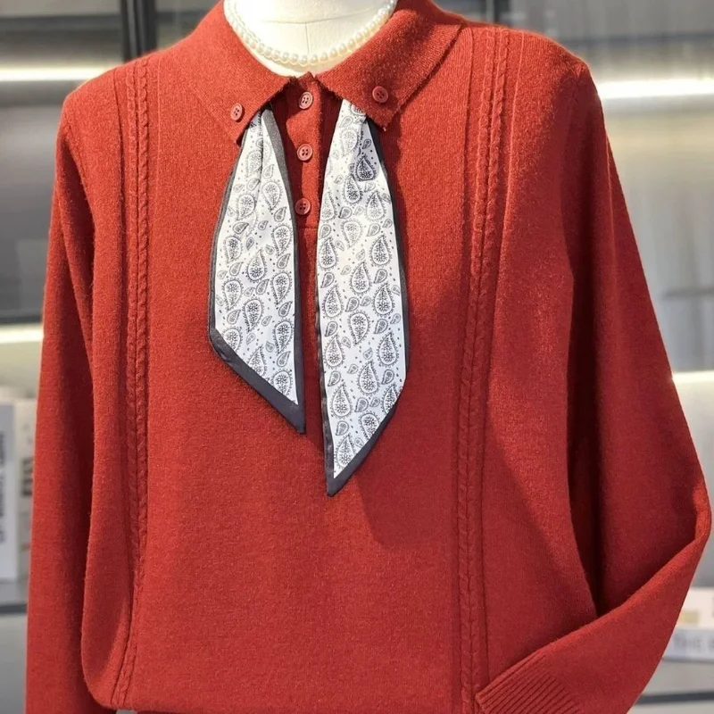 

Новый осенний свитер с длинными рукавами для пожилых женщин среднего возраста, модные топы для женщин, пуловер с галстуком-бабочкой и лацканами, базовая рубашка