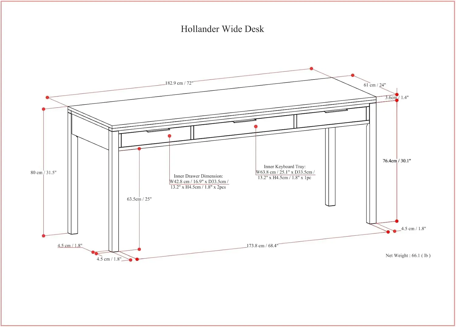 Hollander-Bureau contemporain moderne et large en bois massif, table d'étude, poste de travail et d'écriture