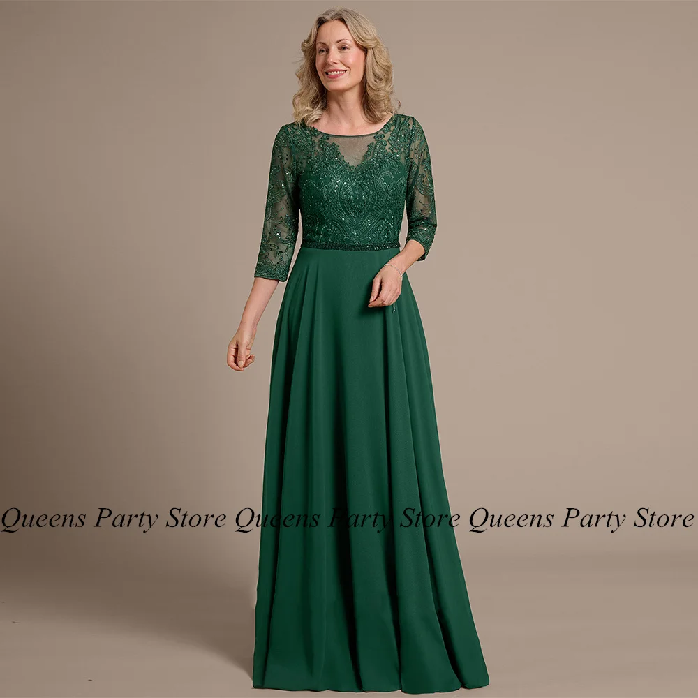 

Green Mother of The Bride Dress Scoop Neck 3/4 Sleeves Sparking Sequined Applique Chiffon A Line Wedding Guest Gown Party Dress