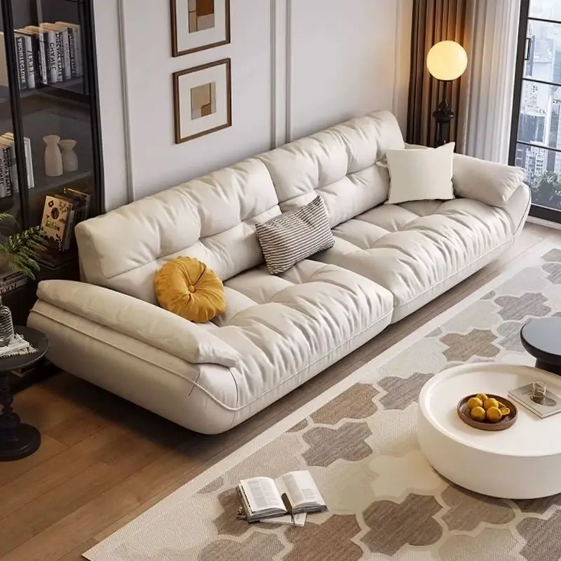 Leather sofa modern living room simple first layer cowhide Italian minimalist straight row small apartment light luxury cloud