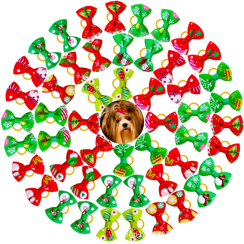 Christmas Style Elastic Rubber Band Dog Bows Removable Pet Collar Accessories Mixcolor Pet Supplies for Dog Cat Hair Decorations