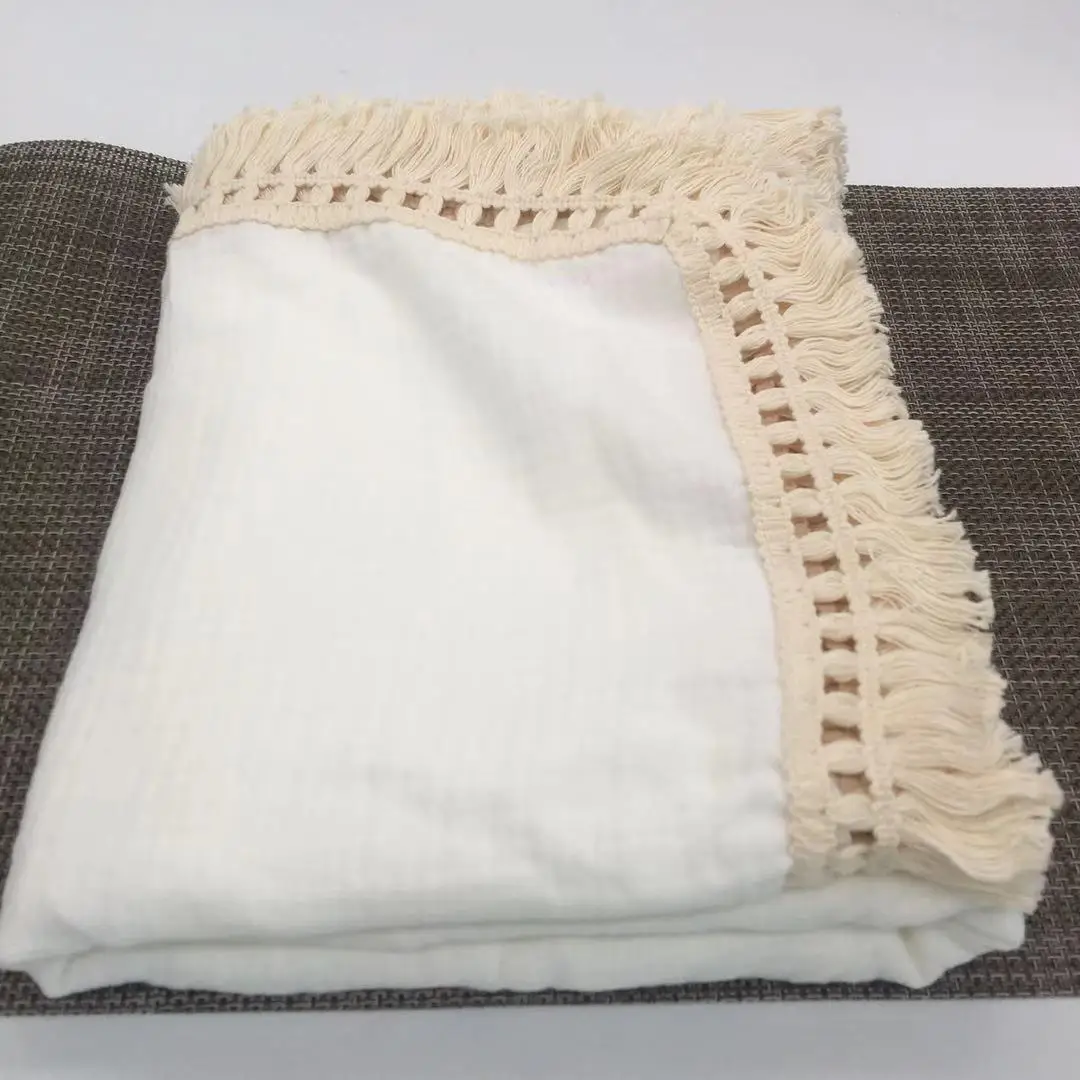 120x100cm Tassel Muslin Baby Blankets Newborn Diaper Swaddle Baby Towel Gauze Pompom Swaddle Blanket Baby