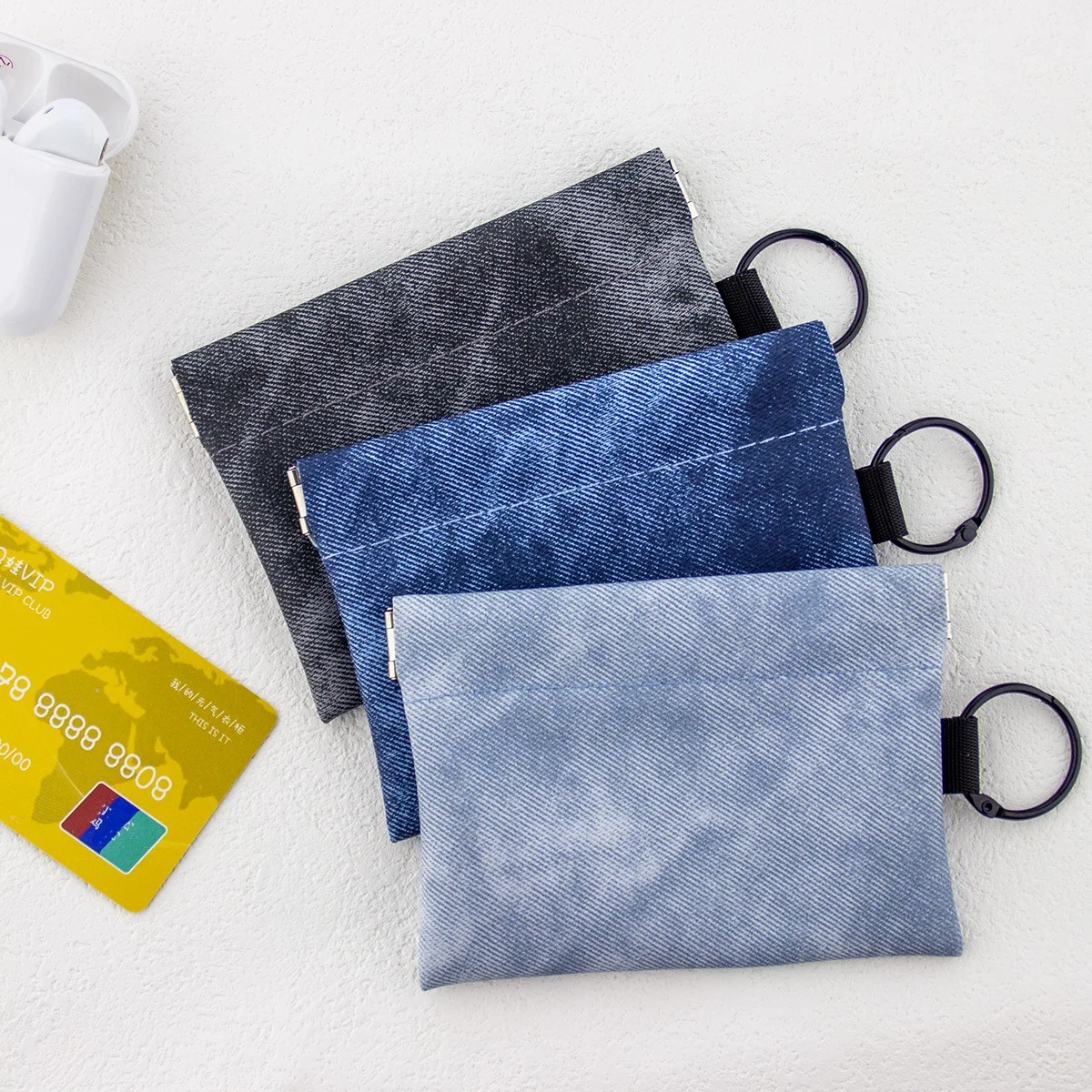 Denim Grain Coin Wallet Leather Big Capacity Case For Driver License Cards  Small Goods Storage Equipped Key Ring Artificial