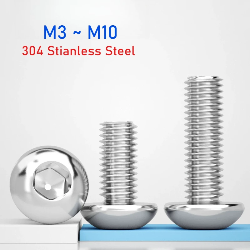 M3 M4 M5 M6 M8 M10 304 Stainless Steel Round Head Hex Socket Screws 500h Passivation Salt Spray Mushroom Head Bolts
