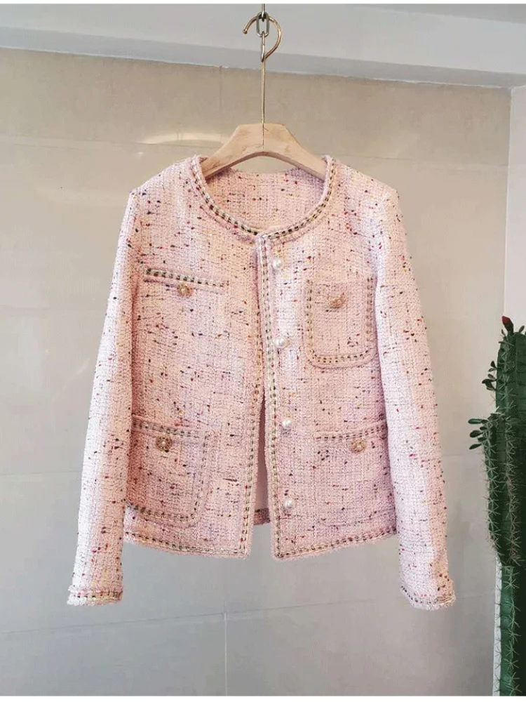 

New Autumn Winter Women's O-Neck Small Fragrant Style Tweed Jacket Coat Ladies Pearl Single Breasted Woolen Outwear