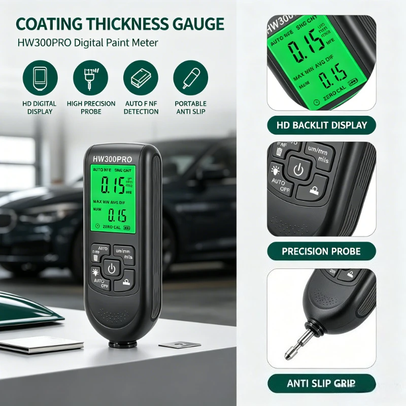 HW300PRO Car Paint Thickness Gauge 0-2000μm Automatic Coating Meter Fe NFe Film Thickness Tester