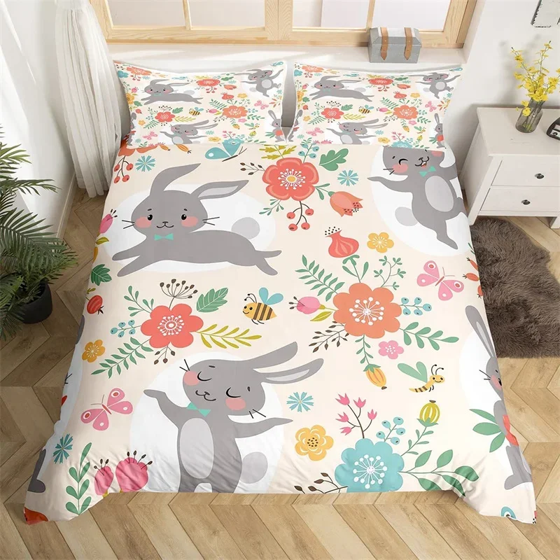 Cartoon Animal Duvet Cover Cute Rabbit Bedding Set Botanical Butterfly Flower Leaves Comforter Cover Woodland Animal Quilt Cover