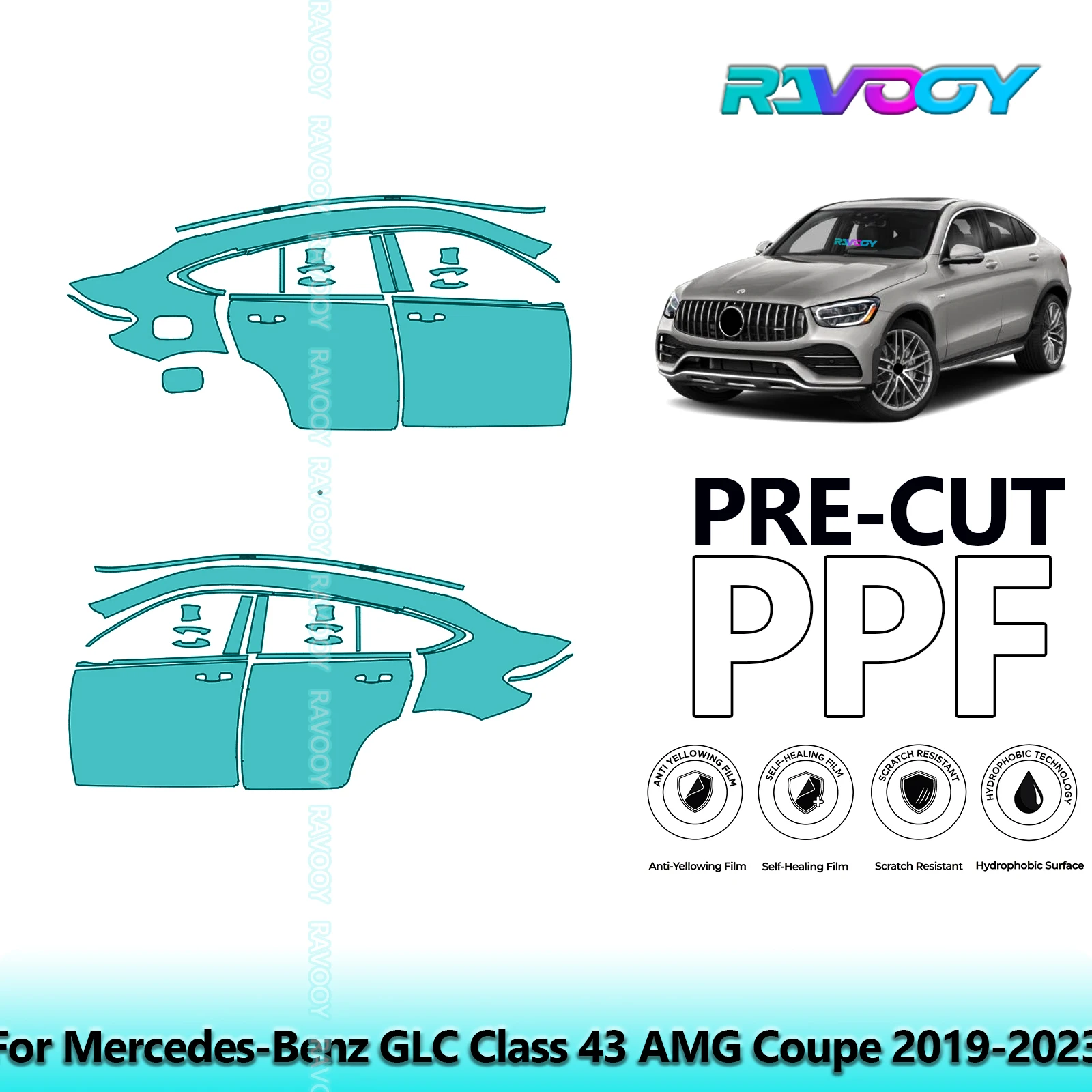 

For Mercedes-Benz GLC Class 43 AMG Coupe 2019-2023 8.5mil Pre-Cut PPF Door & A/B Pillar Kit TPU Paint Protection Film Set