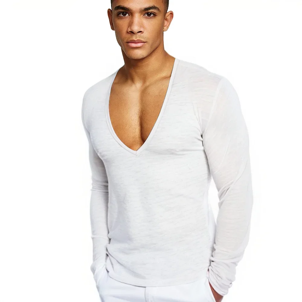 Herren T-Shirts mit tiefem V-Ausschnitt, große Größen, Herren Langarm-T-Shirt, einfarbig, lässig, als Unterhemd für Männer, MRMT 2026,