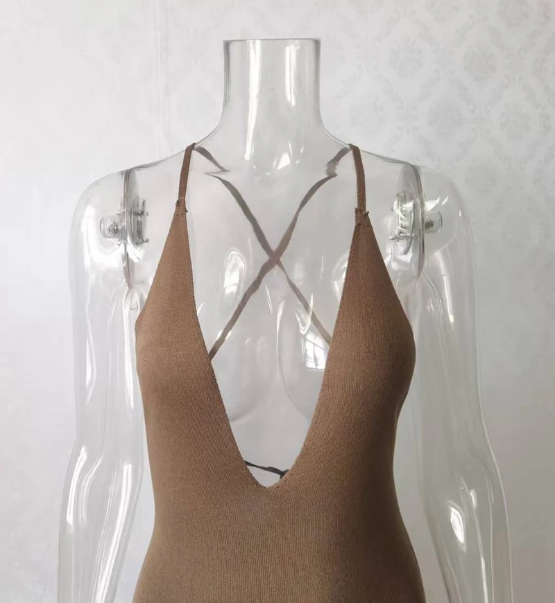 Women's Sexy Deep V Neck Backless Lace-Up Knit Dress Crochet Bikini Cover-Up High Slit Long Beach Dress Swimwear Sarong