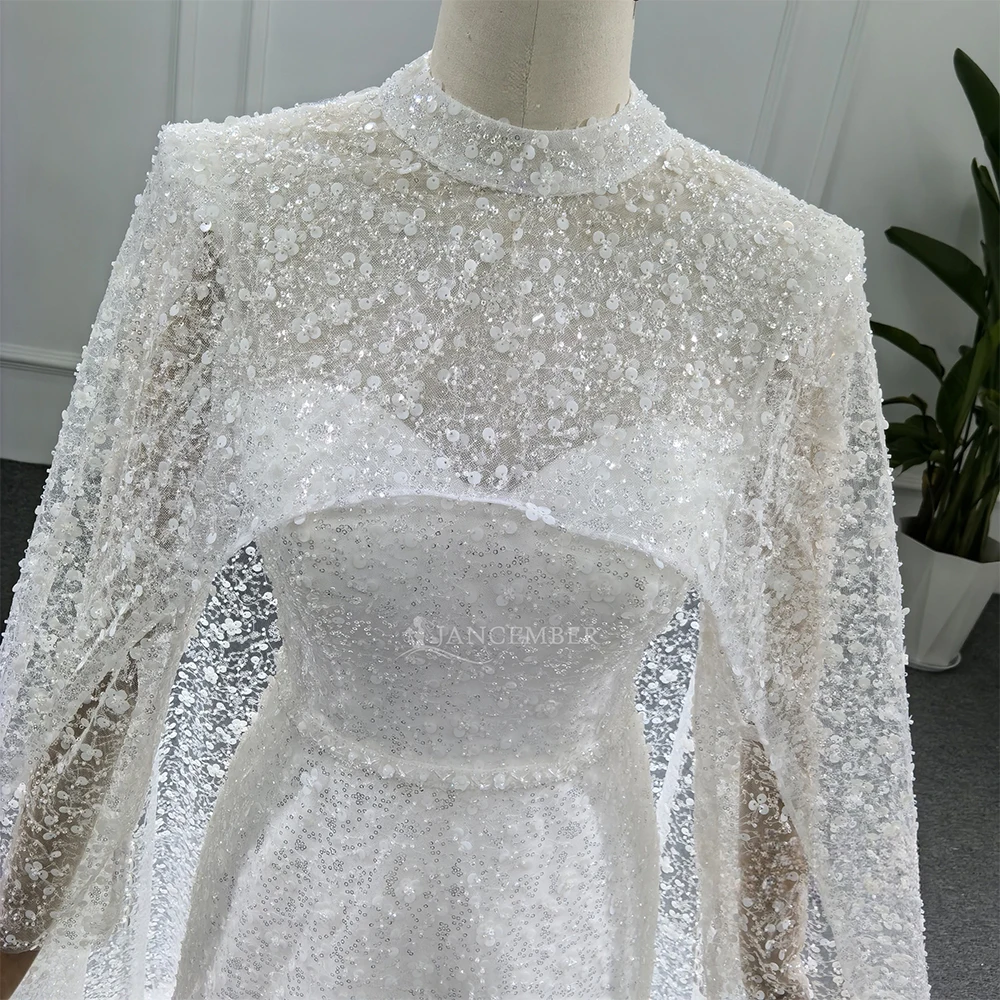 ชุดแต่งงานเจ้าสาวทรงบอลกาวน์แบบสี่เหลี่ยมผืนผ้า แขนยาว ประดับกลิตเตอร์  สำหรับผู้หญิง  แบบสั่งตัดได้