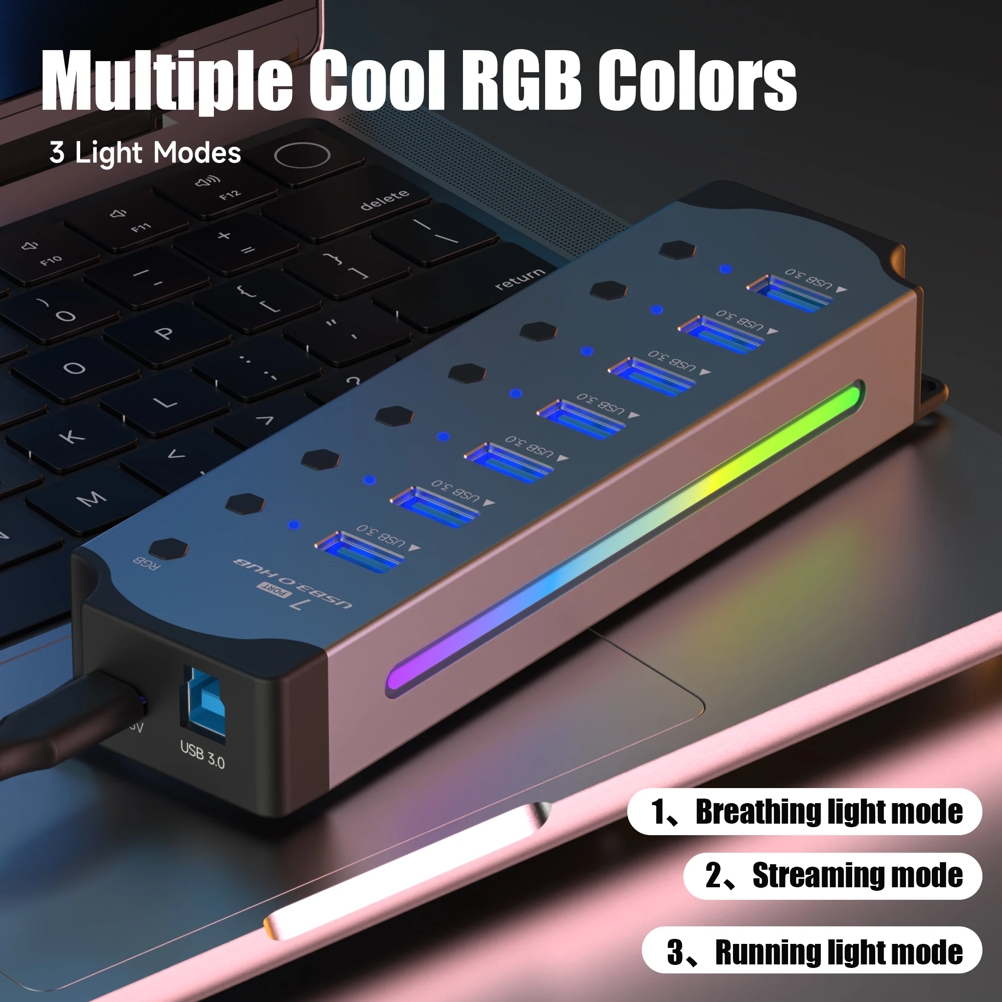 Imagem -05 - Hub Usb 3.0 Hub para pc Portátil 10 Portas Portas Divisor Usb Led Individual Interruptores Ligar e Desligar 4in Extensor Rgb