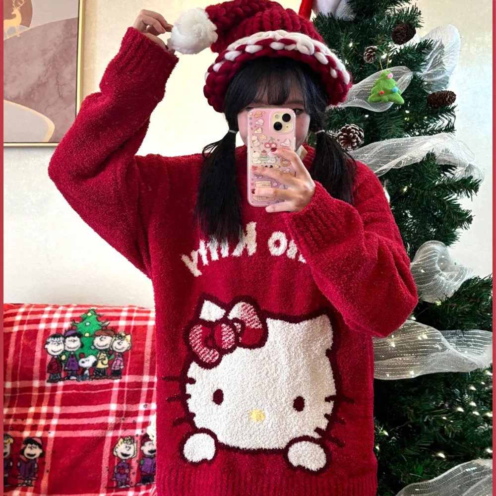 Kawaii Christmas Sanrioed Cartoon Hello Kitty Knitted Sweater Women Knitting Red Knitted Tops Anime New Cute Girls Student Tops