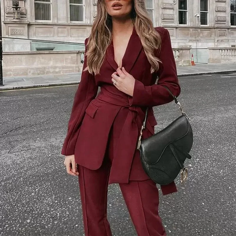 Women Two Piece Pants 2 Pieces Outfits For Women Long Sleeve Blazer With Belt Pocket Lace Work Office Business Lady Casual Suits