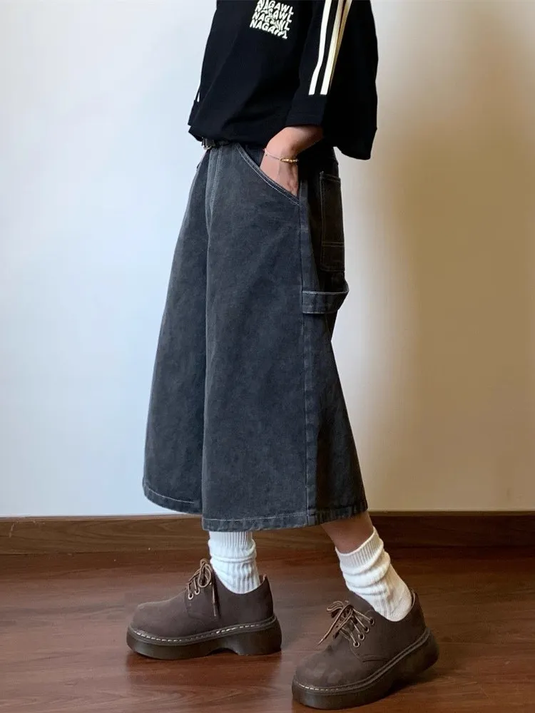 

Винтажные прямые джинсы большого размера в американском стиле, женские свободные утягивающие драпированные широкие брюки средней длины, повседневные брюки средней длины