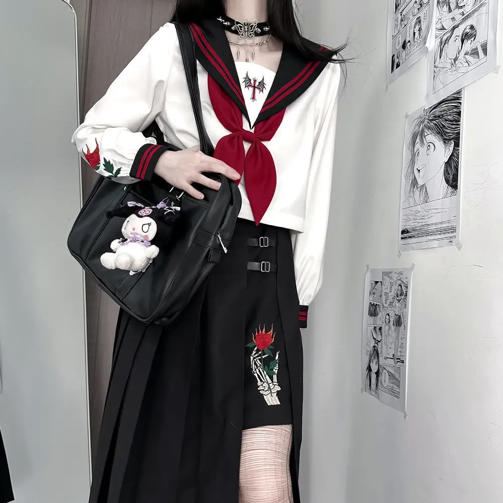 Red Magic Rose JK Dress Bad Girl\'s Poetry Skirt School Skirt Dark Dress JK Uniform Embroidery Sailor Uniforms JK Cosplay Costume