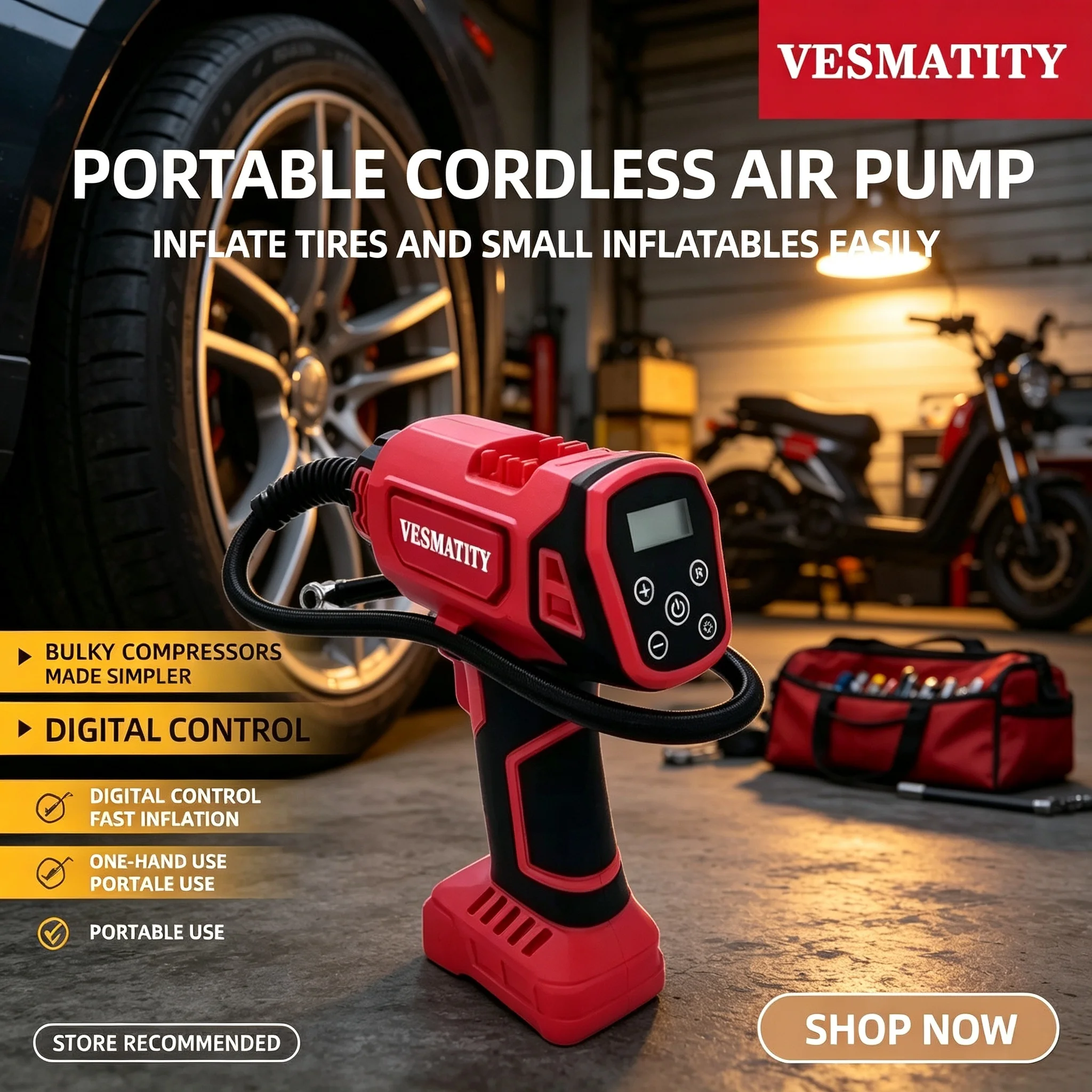 18V Battery Cordless Electric Air Pump Car Tire Inflator Automatic Handheld Compressor Rechargeable Digital LED 150PSI Fast