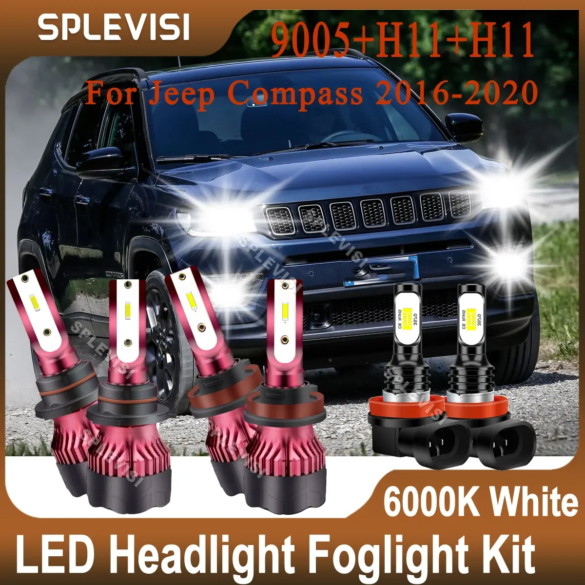 Fit For Jeep Compass 2016 2017 2018 2019 2020 Pure White LED Headlight High Beam 9005/HB3 Low Beam H11/H9/H8 Foglight H11/H9/H8