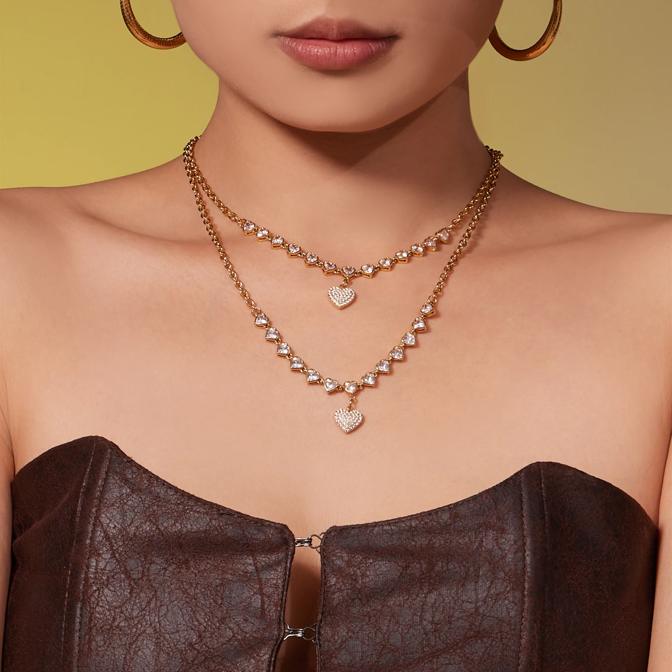 Goldene Silber Edelstahl Kette Halskette frauen Vergoldet Glänzenden Zirkon Herz Anhänger Halskette Femme Wasserdicht Schmuck – Detail 2