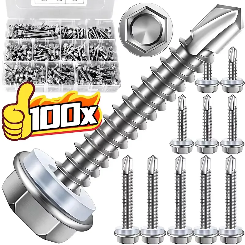 #8 M4.2 Self Tapping Sheet Metal Screws 410 Stainless Steel Hex Washer Head High-Strength Quick Tapping Screws Lath to Metal