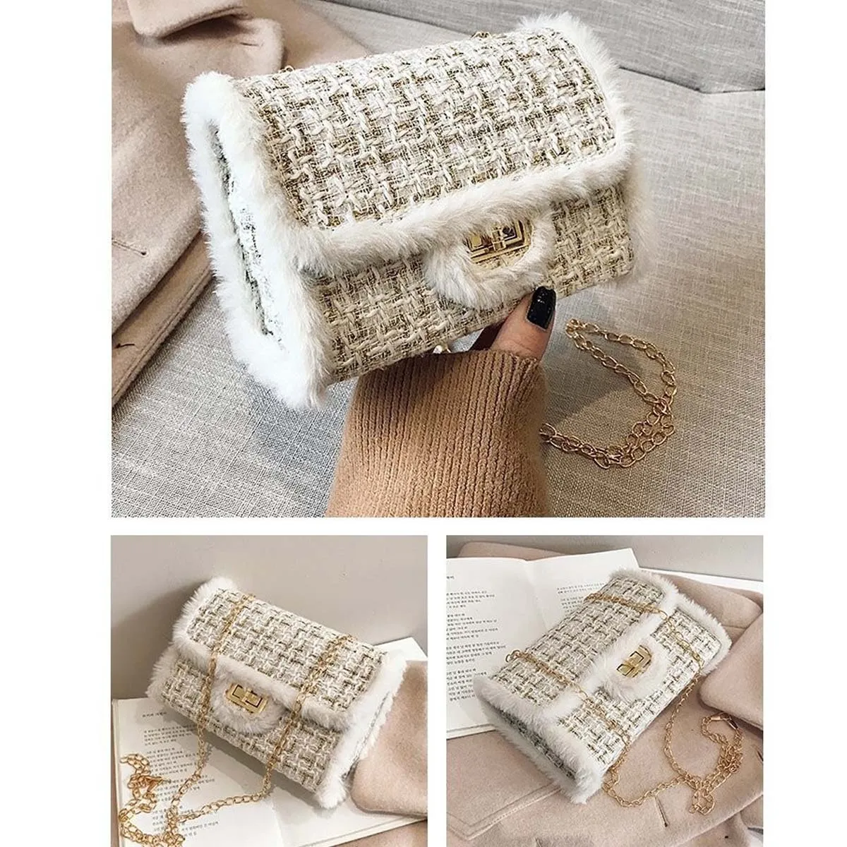 2024 New  Cosmetic Bag Women Crossbody Small Square Bag Woolen Chain Single Shoulder Underarm Bag Elegent  Female Shoulder Bag