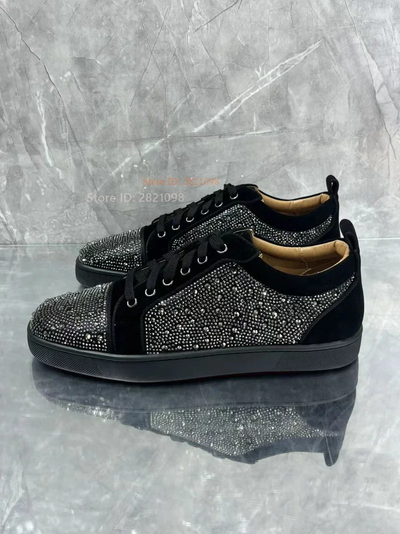 

Black Crystal Shiny Sneakers for Men Rhinestone Lace Up British Style Casual Skateboard Shoes Low Top Flats Zapatillas Mujer