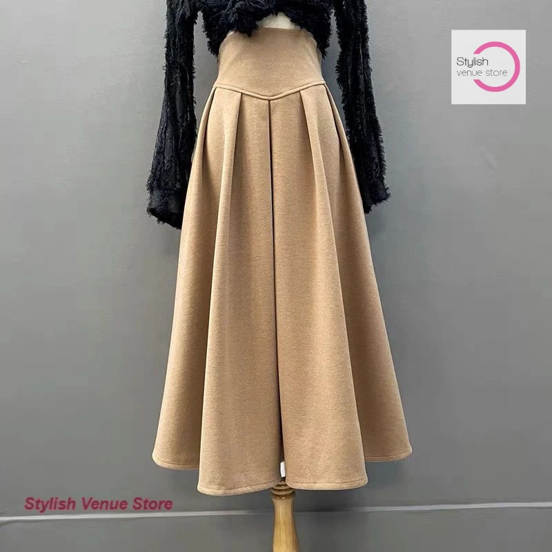 

French style solid color skirt women's autumn and winter new high waist pleated splicing woolen high-grade soft pleated skirt
