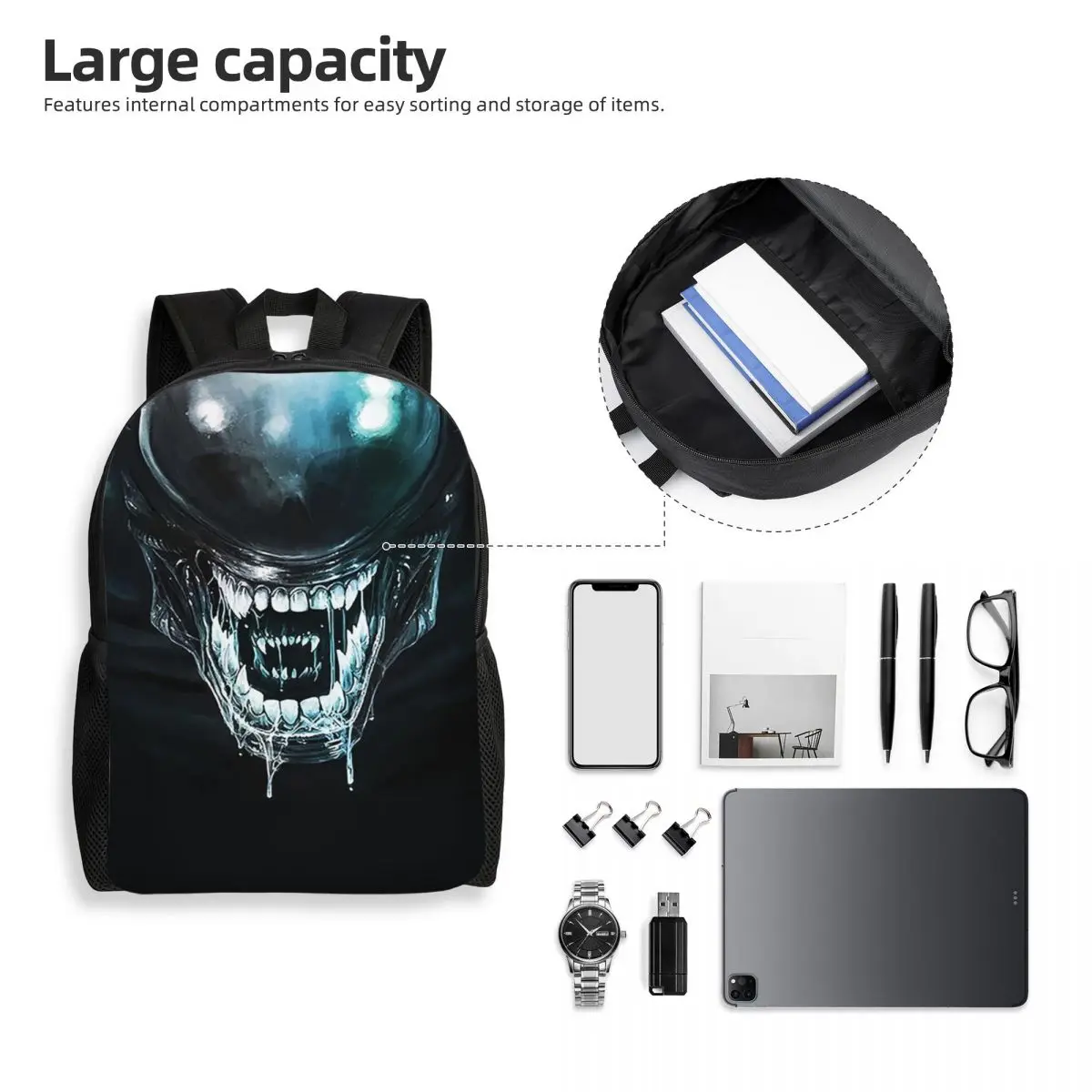 حقيبة ظهر مدرسية للطلاب من Xenomorph Alien حقيبة ظهر للمشي لمسافات طويلة والسفر للرجال والنساء حقيبة كتب عصرية حقائب كتف