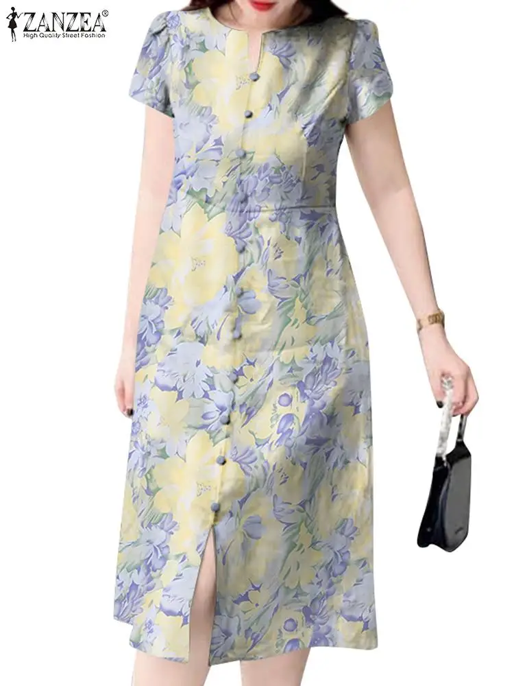 ZANZEA Women Floral Print Midi Dress Holiday Summer Short Sleeve Sundress 2024 Fashion New Slit Vestidos Oversized V-neck Dress