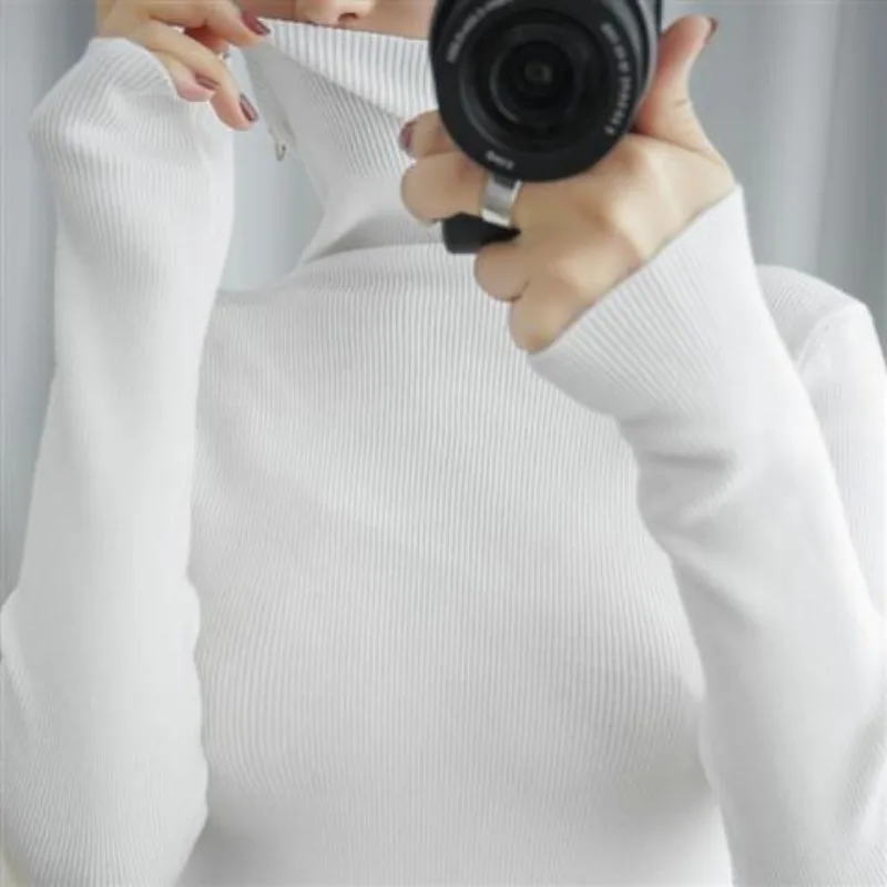 Turtleneck Slim Solid Color Knitting Bottoming Shirt Women Autumn Winter Simplicity Long Sleeve Sweater Casual Knitwear Tops