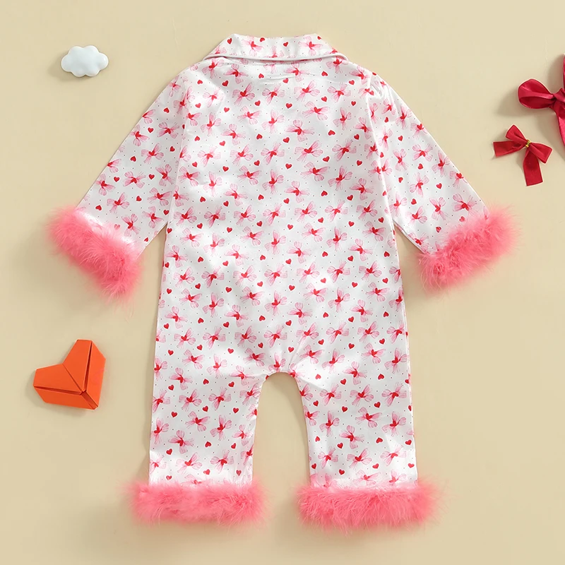 Baby Girl Romper Cute Pajamas Valentines Day Bow/Strawberry Print Feather Cuffs Long Sleeve Button Down Jumpsuit Sleepwear