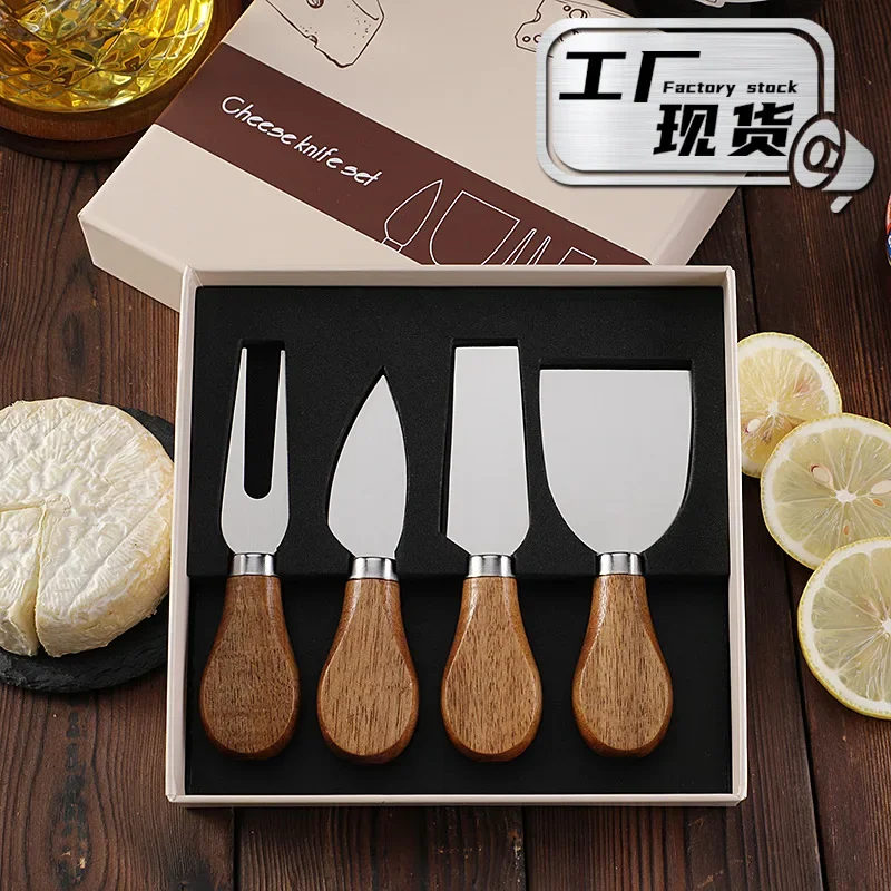 

4pcs Acacia wooden handle cheese knife stainless steel cheese knife and butter knife gift box 4-piece cheese set.