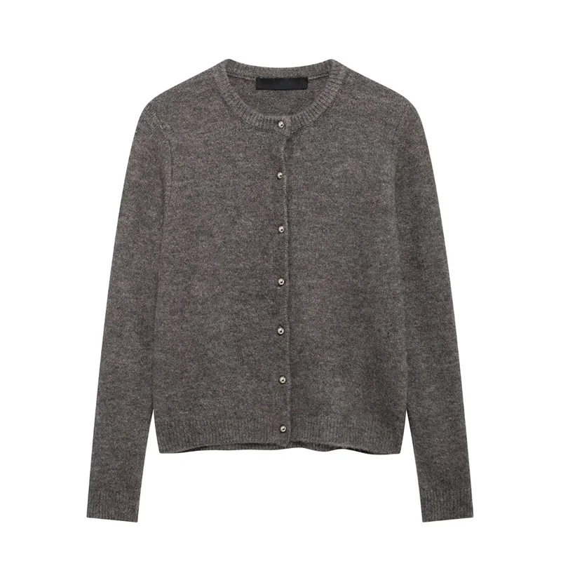 

Women's Coat 2025 Winter New Deep Gray Long Sleeve Knit Cardigan with Metal Button Detail Simple Style Casual and Fashionable