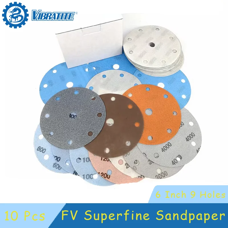 10 Pcs 6 Inch 9 Hole FV Superfine Wet and Dry Hook & Loop Auto Body Film Sanding Discs Paint Abrasive Sandpaper 600#-4000#