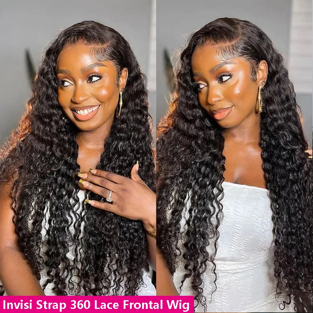 Hidden Strap 360 Full Lace Frontal Human Hair Wig Water Wave Upgrade Invisible Drawstring Deep Curly Glueless Lace Wig For Woman