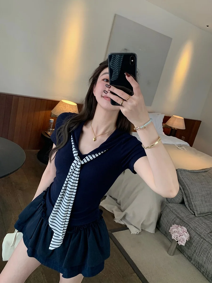 MUKOK Navy Collar T-Shirt Ruffle Hem Halves Skirt Slimming Effect Two-Piece Set Women's Fashion Summer Outfit Chinese Brand