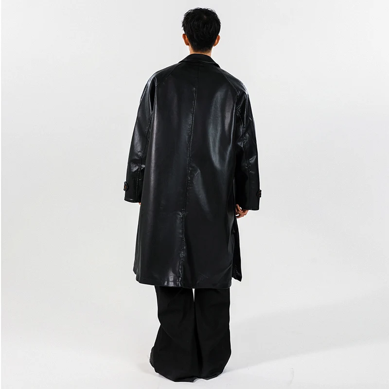 Mens PU Trench Coat 2025 Autumn Winter Windproof Long Outerwear Jacket Fashionable Trendy Leather Coat For Men